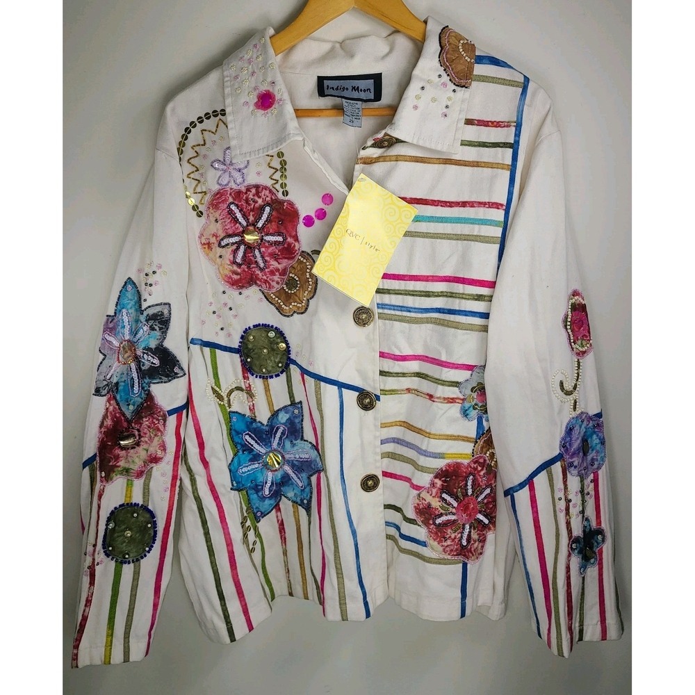 Vtg Indigo Moon Jacket Size 2X Floral Embroidered Appliqué Beaded Cotton NWT